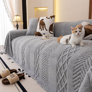 Plush Sherpa Fleece Sofa Cover with 3D Cable Knit Texture, Soft Cozy Throw Blanket