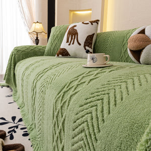 Plush Sherpa Fleece Sofa Cover with 3D Cable Knit Texture, Soft Cozy Throw Blanket