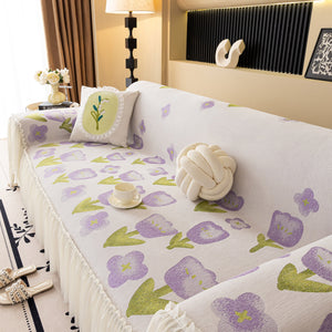 Ruffled Sweet Floral Sofa Cover with Skirt, Soft and Decorative Couch Throw Cover