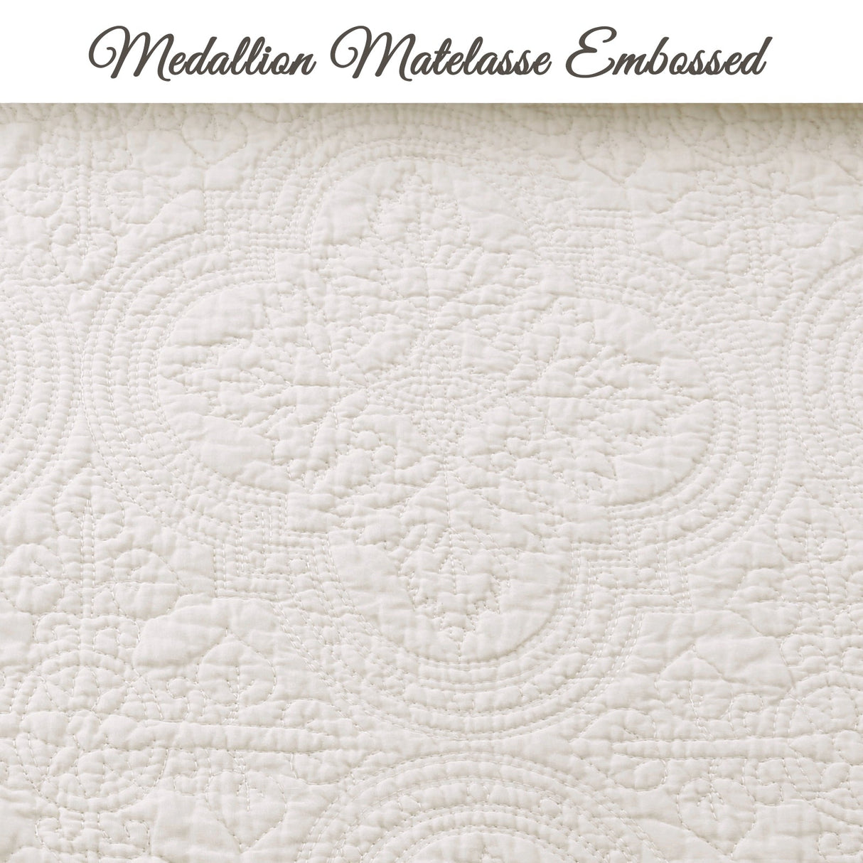 Serenity Ivory Victorian Scalloped Medallion Floral Pure Solid Cotton Reversible Quilt  Bedding Set
