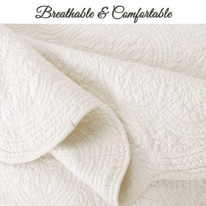 Serenity Ivory Victorian Scalloped Medallion Floral Pure Solid Cotton Reversible Quilt  Bedding Set
