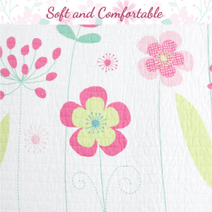 Blossom Floral Pink Purple Stripe Print Cotton Reversible Quilt Bedding Set