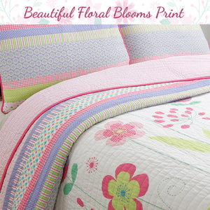 Blossom Floral Pink Purple Stripe Print Cotton Reversible Quilt Bedding Set