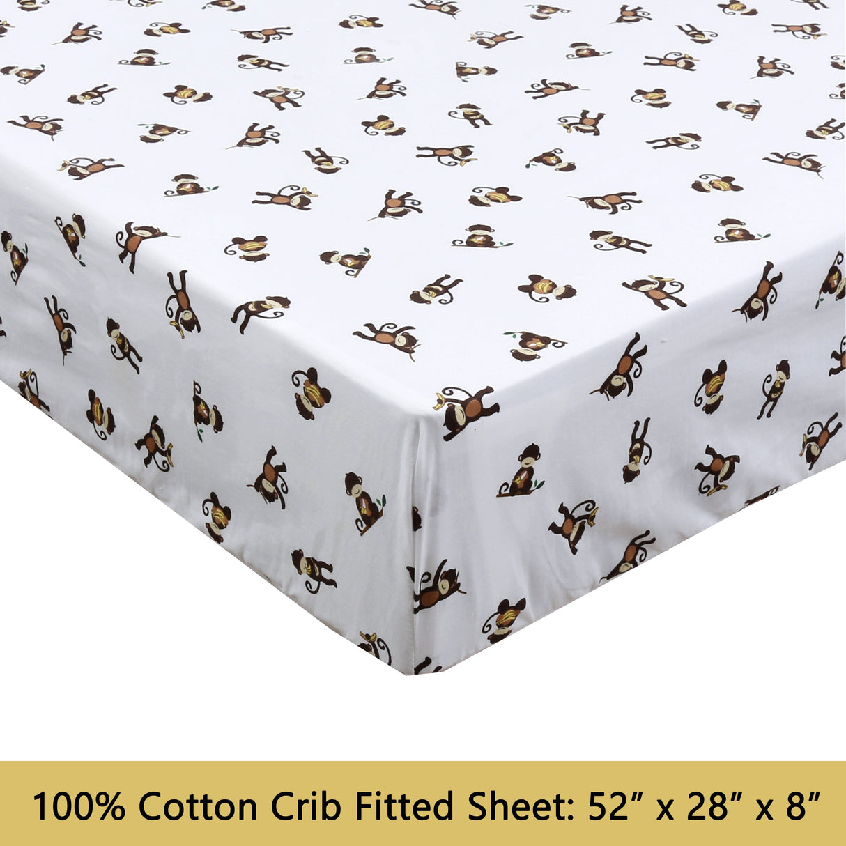 3-Piece Crib/Toddler Cotton Sheet Set White Brown Monkey Around Jungle Bananas