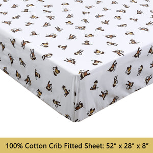 3-Piece Crib/Toddler Cotton Sheet Set White Brown Monkey Around Jungle Bananas