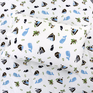3-Piece Crib/Toddler Cotton Sheet Set White Blue Ocean  Whale Ships Sail Monkey Island