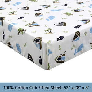 3-Piece Crib/Toddler Cotton Sheet Set White Blue Ocean  Whale Ships Sail Monkey Island