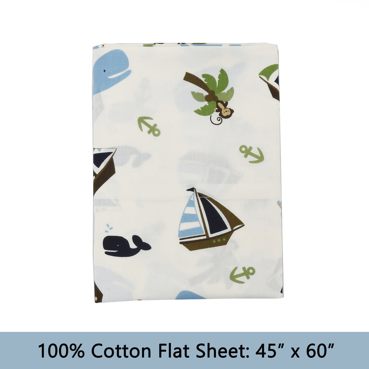 3-Piece Crib/Toddler Cotton Sheet Set White Blue Ocean  Whale Ships Sail Monkey Island