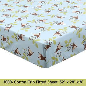 3-Piece Crib/Toddler Cotton Sheet Set Blue Jungle Monkey Tails Swing