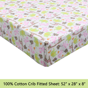 3-Piece Crib/Toddler Cotton Sheet Set Pink Jungle Zoo Animal Friends Giraffe Monkey Elephant Zebra Bird