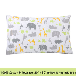 3-Piece Crib/Toddler Cotton Sheet Set Grey Yellow Safari Fun Animals Elephant Giraffe Hippo