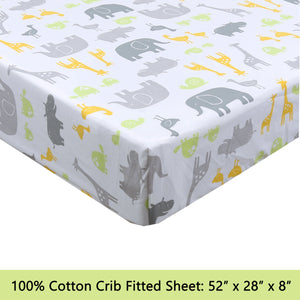 3-Piece Crib/Toddler Cotton Sheet Set Grey Yellow Safari Fun Animals Elephant Giraffe Hippo