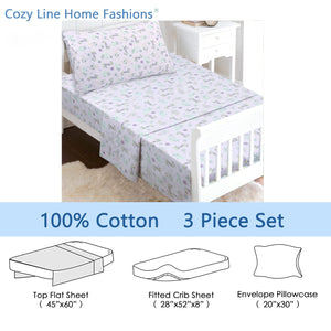 3-Piece Crib/Toddler Cotton Sheet Set Pink Gypsy Floral Spirograph Animals Giraffe Hippo Elephant