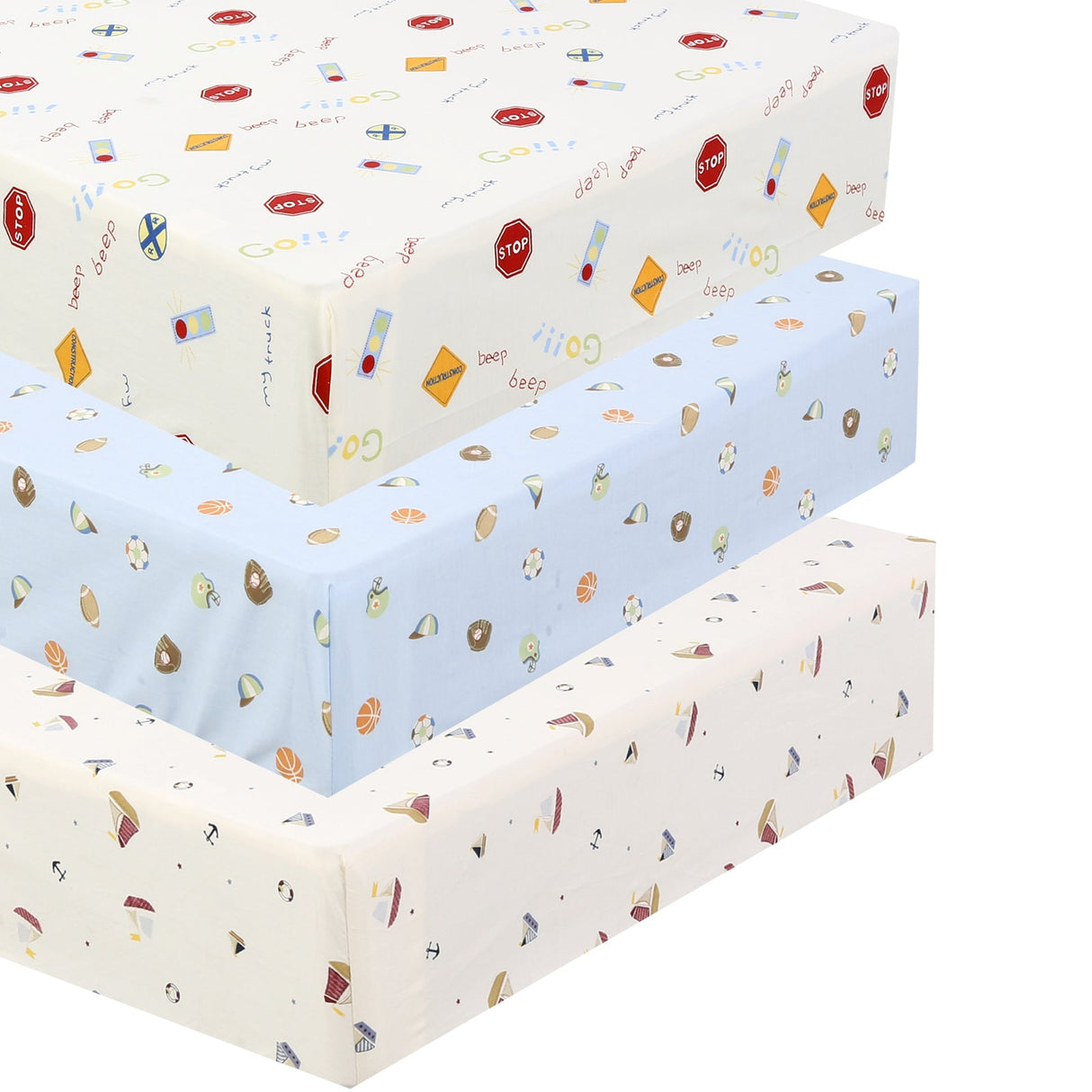 3 Piece Crib/Toddler Cotton Fitted Sheets Colorful Blue Red Sports Boats Transportation Car Signs