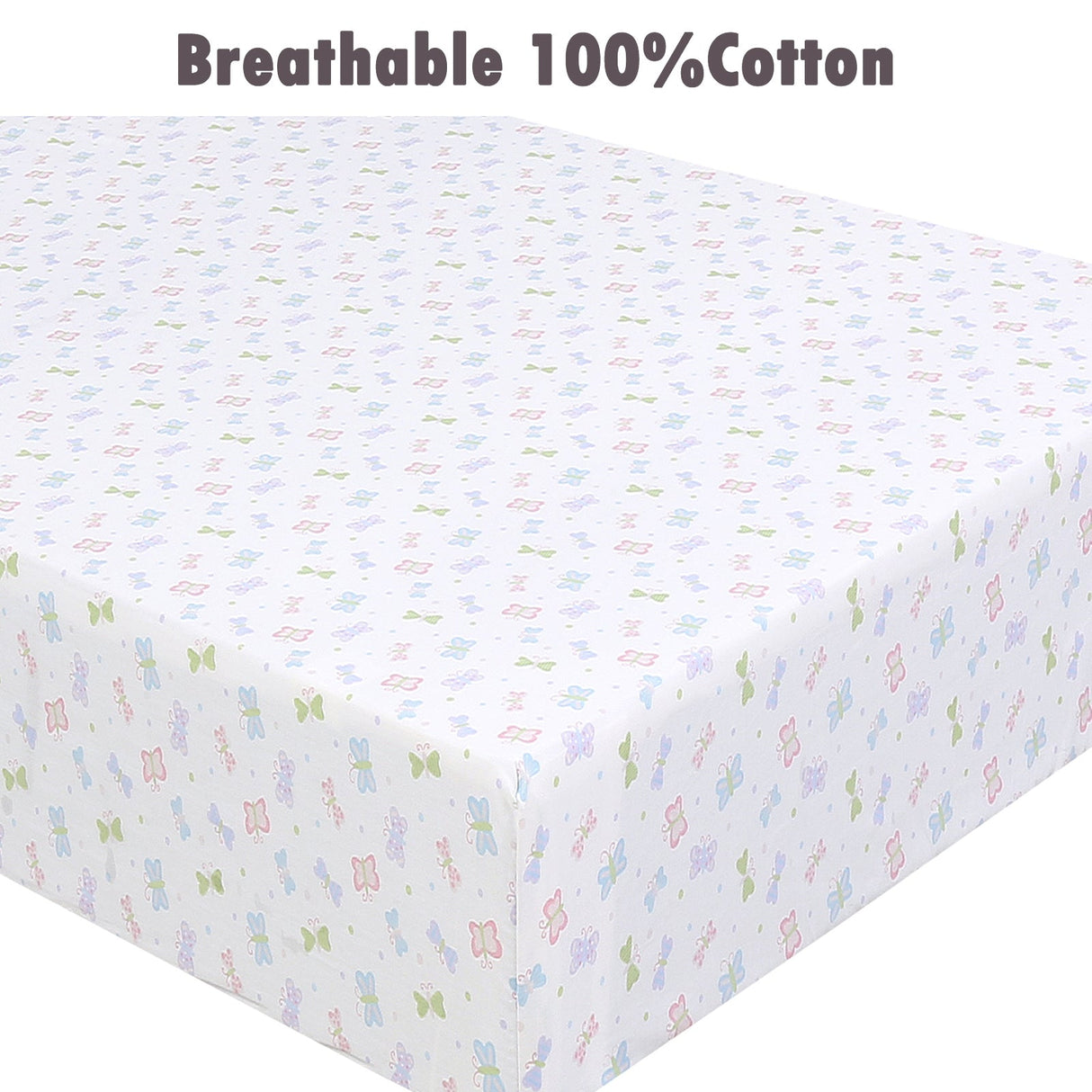 3 Piece Crib/Toddler Cotton Fitted Sheets Pastel Pink Purple Butterfly Floral Blossoms