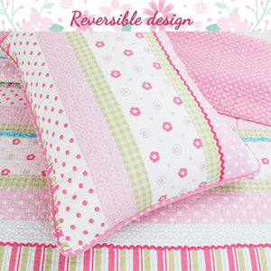Greta Floral Stripe Pink Real Patchwork Cotton Reversible Quilt Bedding Set