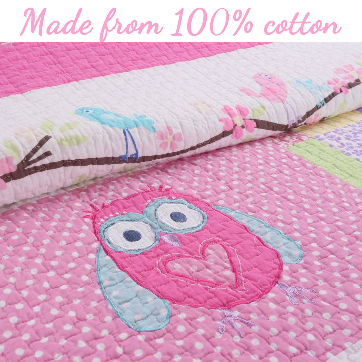 Pink Owl Print Patchwork Cotton Reversible Quilt Bedding Set