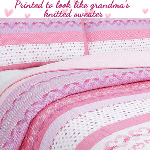 Butterfly Fairisle Pink Purple Striped Sweater Print Cotton Reversible Quilt Bedding Set