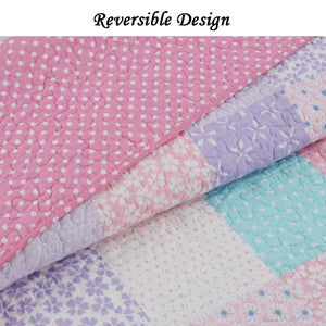 Angelina Pink Floral Dot Print Patchwork Cotton Reversible Quilt Bedding Set