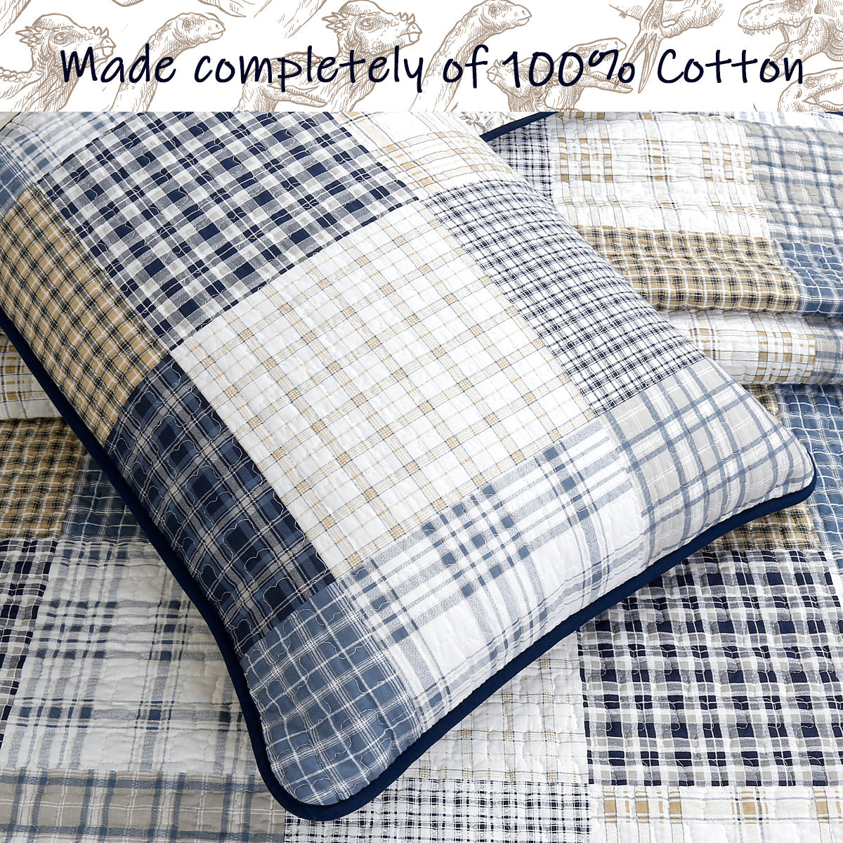 Benjamin Dinosaur Blue Brown Plaid Print Patchwork Cotton Reversible Quilt Bedding Set