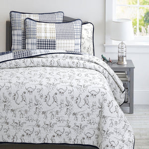 Benjamin Dinosaur Blue Brown Plaid Print Patchwork Cotton Reversible Quilt Bedding Set