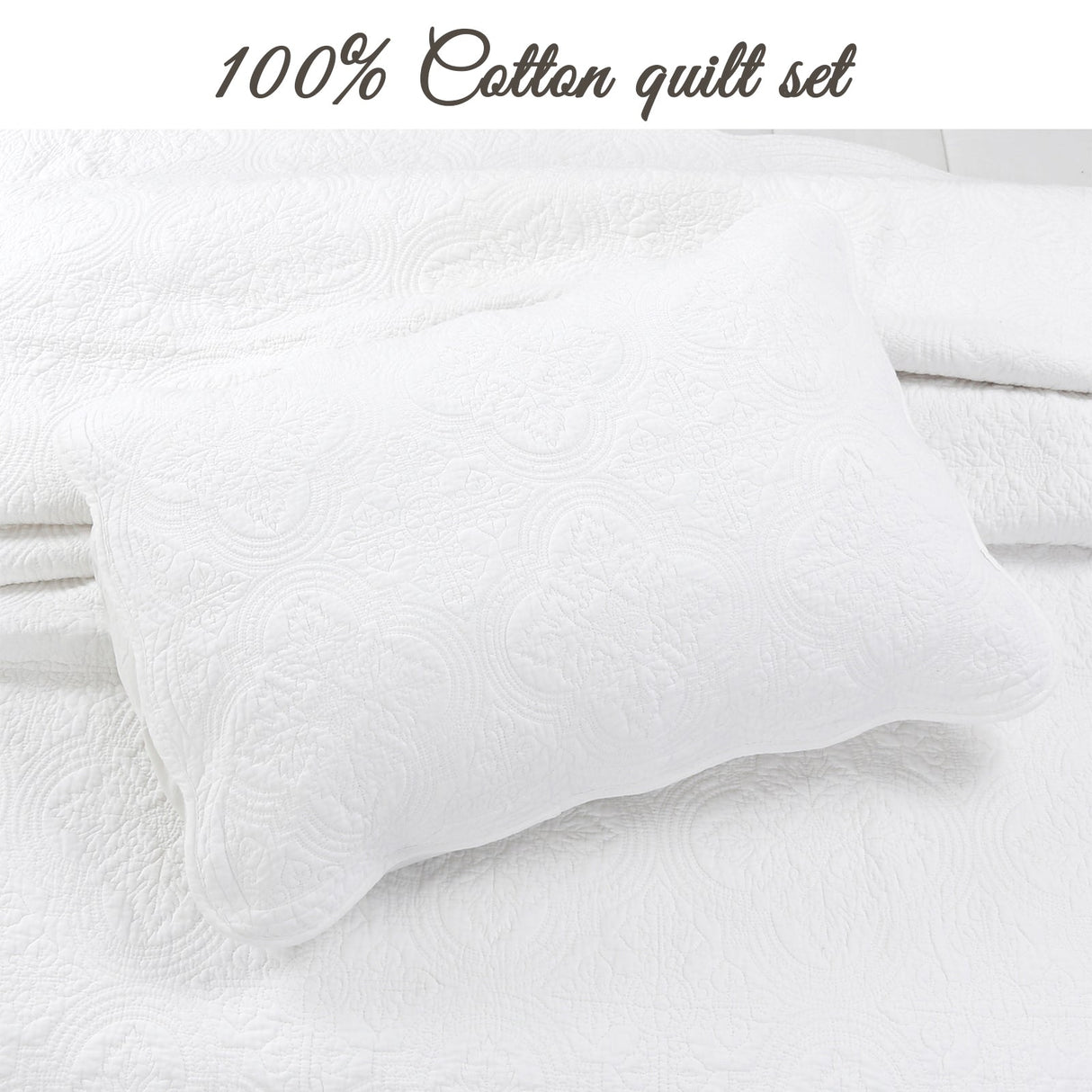 Serenity White Victorian Scalloped Medallion Floral Pure Solid Cotton Reversible Quilt Bedding Set