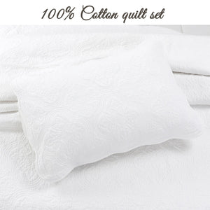 Serenity White Victorian Scalloped Medallion Floral Pure Solid Cotton Reversible Quilt Bedding Set