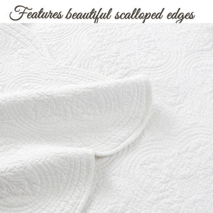 Serenity White Victorian Scalloped Medallion Floral Pure Solid Cotton Reversible Quilt Bedding Set