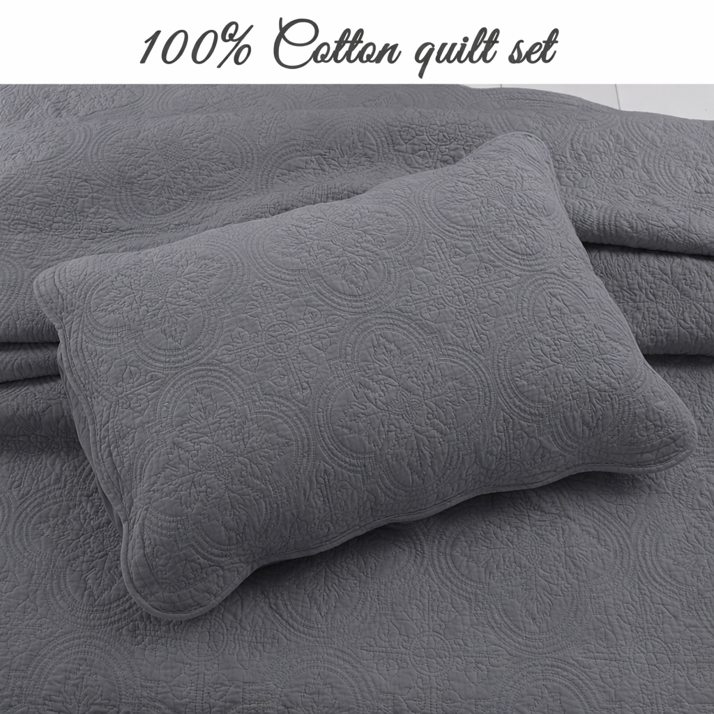 Serenity Gray Victorian Scalloped Medallion Pure Solid Cotton Reversible 3 Piece Quilt Bedding Set