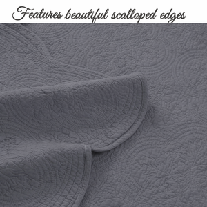 Serenity Gray Victorian Scalloped Medallion Pure Solid Cotton Reversible 3 Piece Quilt Bedding Set