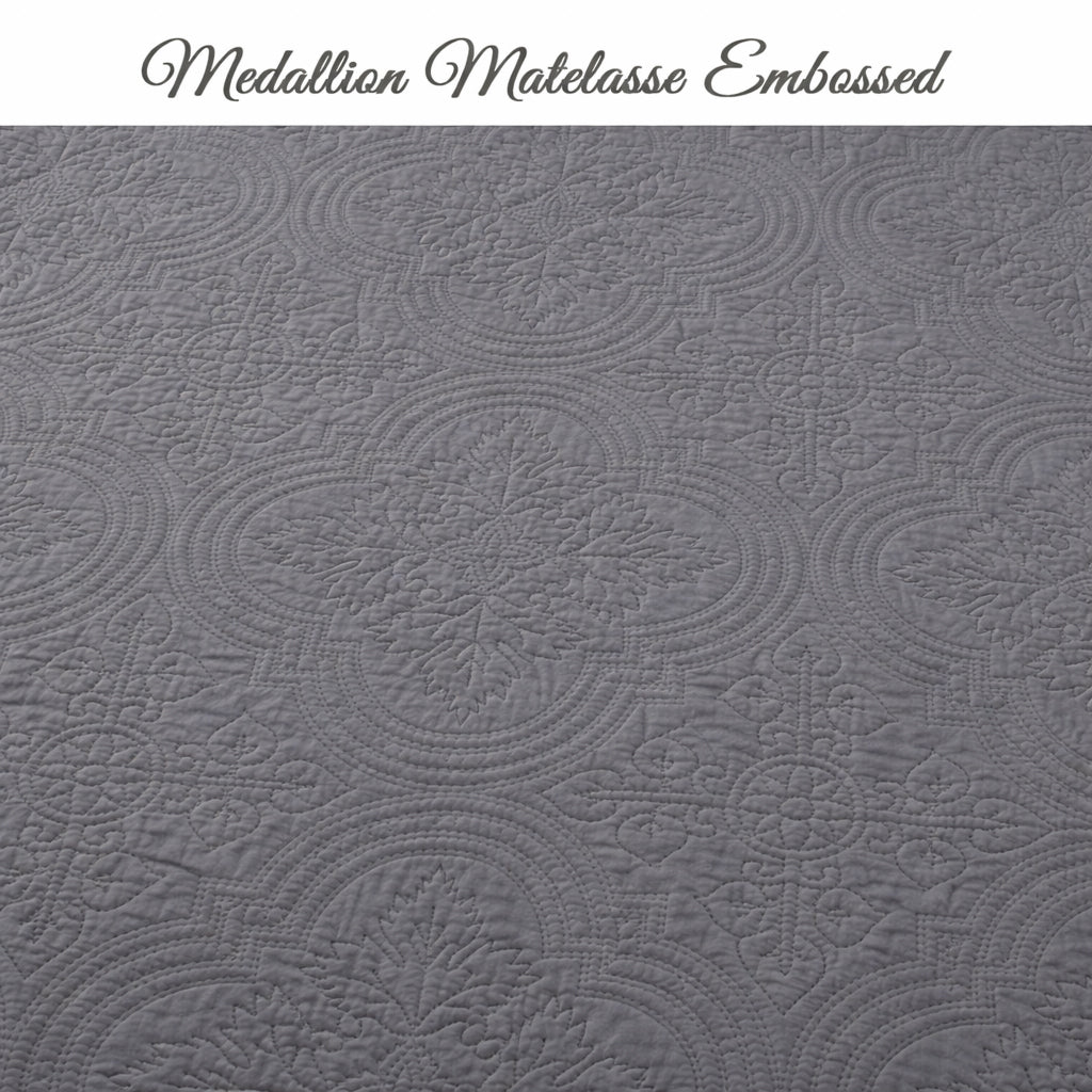 Serenity Gray Victorian Scalloped Medallion Pure Solid Cotton Reversible 3 Piece Quilt Bedding Set