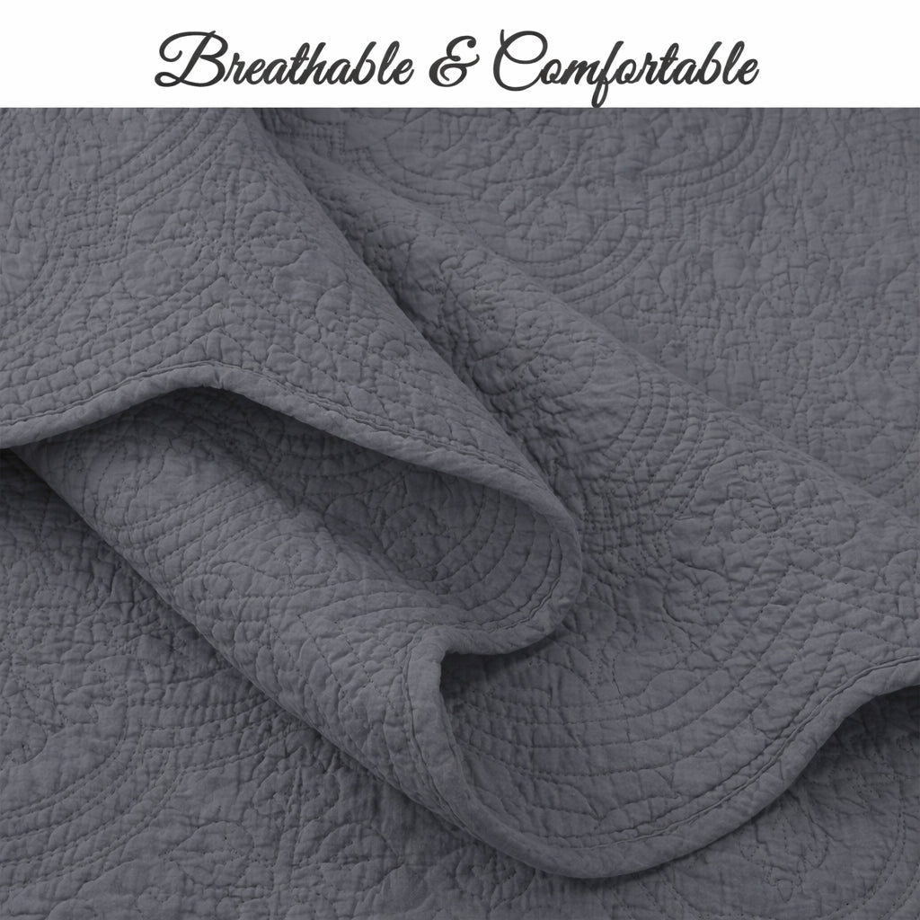 Serenity Gray Victorian Scalloped Medallion Pure Solid Cotton Reversible 3 Piece Quilt Bedding Set