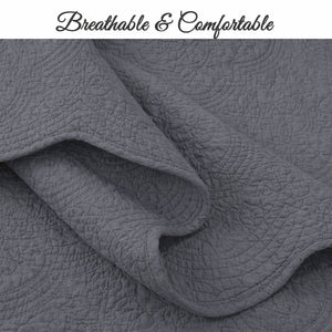 Serenity Gray Victorian Scalloped Medallion Pure Solid Cotton Reversible 3 Piece Quilt Bedding Set