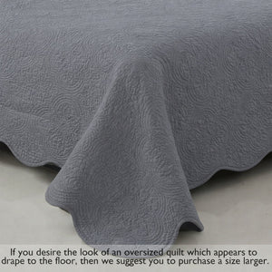 Serenity Gray Victorian Scalloped Medallion Pure Solid Cotton Reversible 3 Piece Quilt Bedding Set