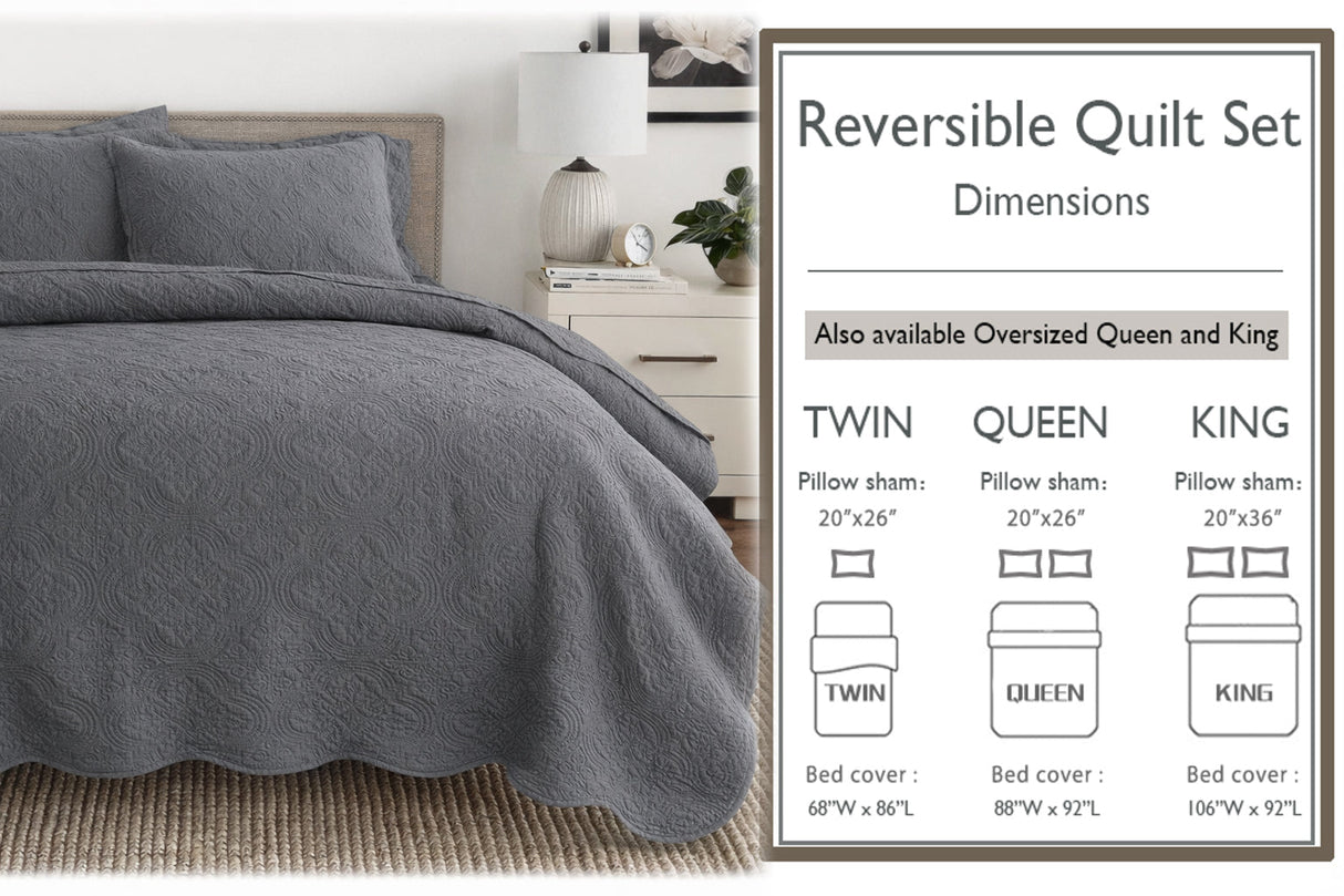 Serenity Gray Victorian Scalloped Medallion Pure Solid Cotton Reversible 3 Piece Quilt Bedding Set