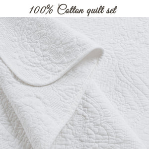 Solid White Chic Brocade Matelassé Medallion Floral Cotton Reversible Quilt Bedding Set