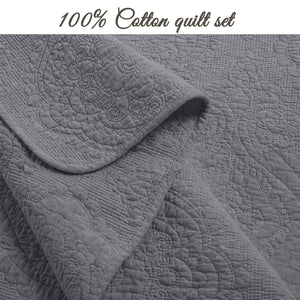 Solid Gray Chic Brocade Matelassé Medallion Floral 3 Piece Cotton Reversible Quilt Bedding Set