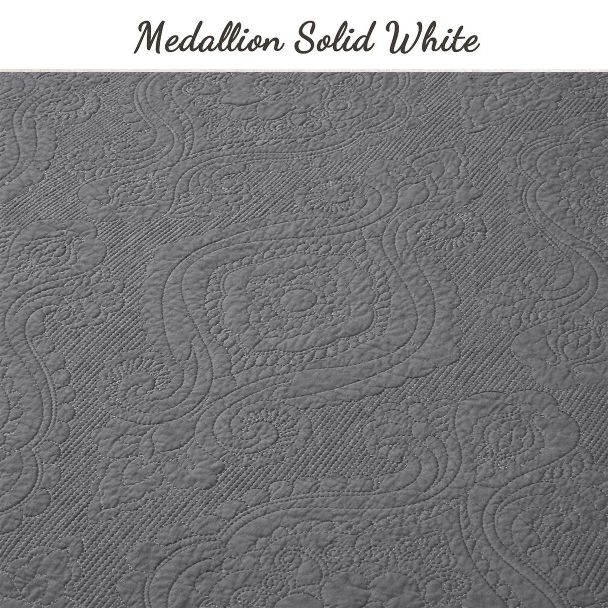 Solid Gray Chic Brocade Matelassé Medallion Floral 3 Piece Cotton Reversible Quilt Bedding Set