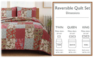 Adeline Floral 3-Peice Real Patchwork Cotton Reversible Quilt Bedding Set