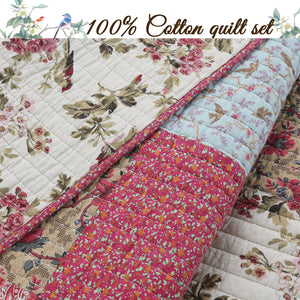 Adeline Floral 3-Peice Real Patchwork Cotton Reversible Quilt Bedding Set
