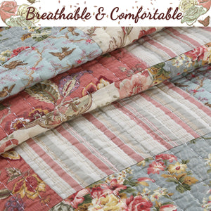 Eleanor Real Patchwork Floral Stripe 3-Piece Cotton Reversible Quilt Bedding Set