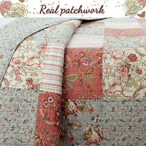 Eleanor Real Patchwork Floral Stripe 3-Piece Cotton Reversible Quilt Bedding Set