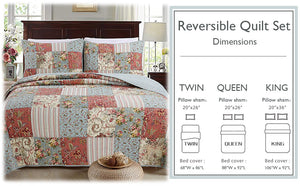 Eleanor Real Patchwork Floral Stripe 3-Piece Cotton Reversible Quilt Bedding Set