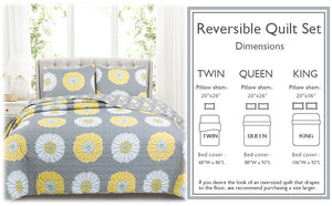 Anya Floral Print Yellow Grey Reversible Quilt Bedding Set