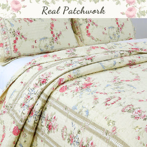 Rose Romance Floral Cotton Reversible Quilt Bedding Set
