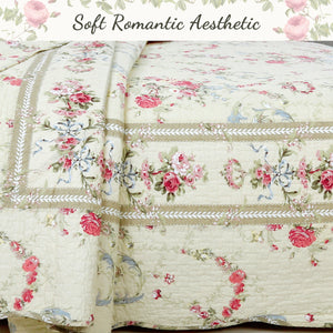 Rose Romance Floral Cotton Reversible Quilt Bedding Set