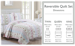Wild Rose Enchantment Floral Bloom Garden Stripe Real Patchwork Reversible Quilt Bedding Set