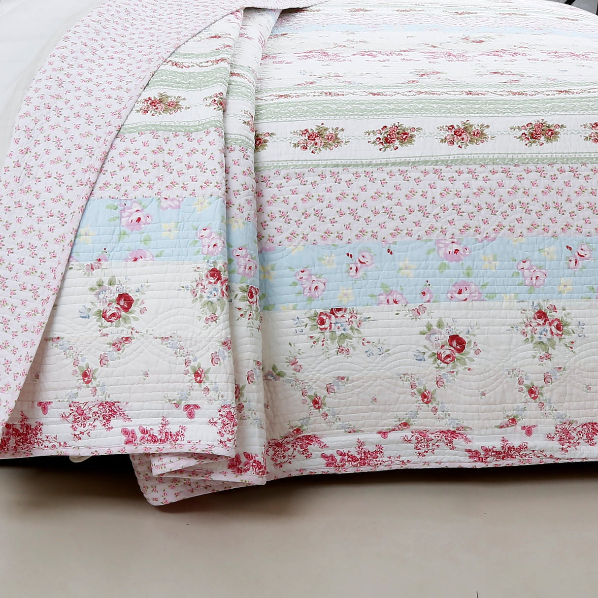 Wild Rose Enchantment Floral Bloom Garden Stripe Real Patchwork Reversible Quilt Bedding Set