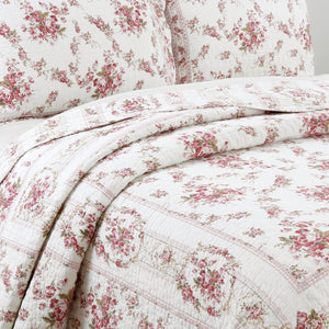 Shabby Chic Vintage Floral Rose Garden Scalloped Cotton Reversible Quilt Bedding Set