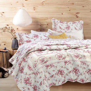 Shabby Chic Vintage Floral Rose Garden Scalloped Cotton Reversible Quilt Bedding Set